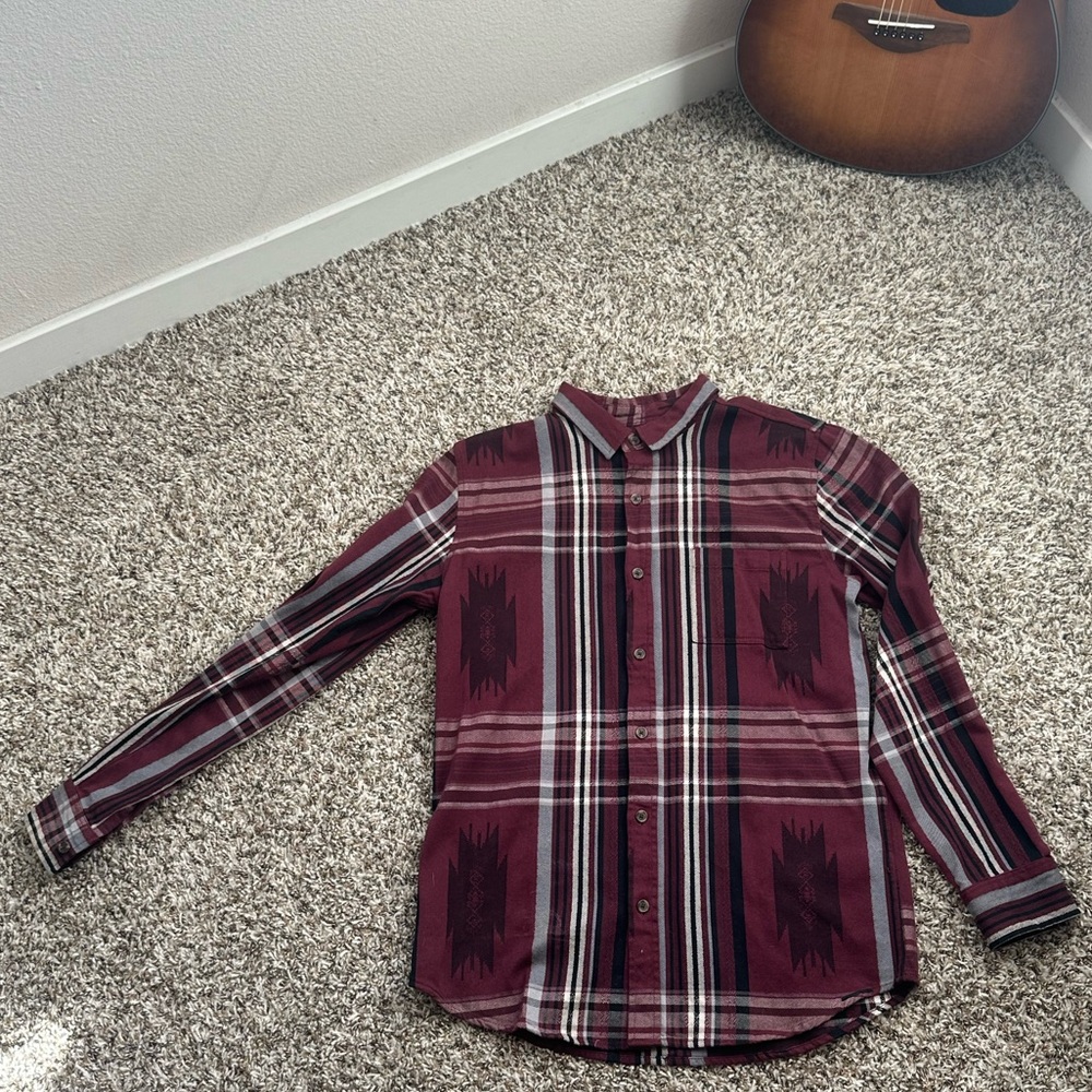 On the Byas Burgundy and Black Plaid Shirt